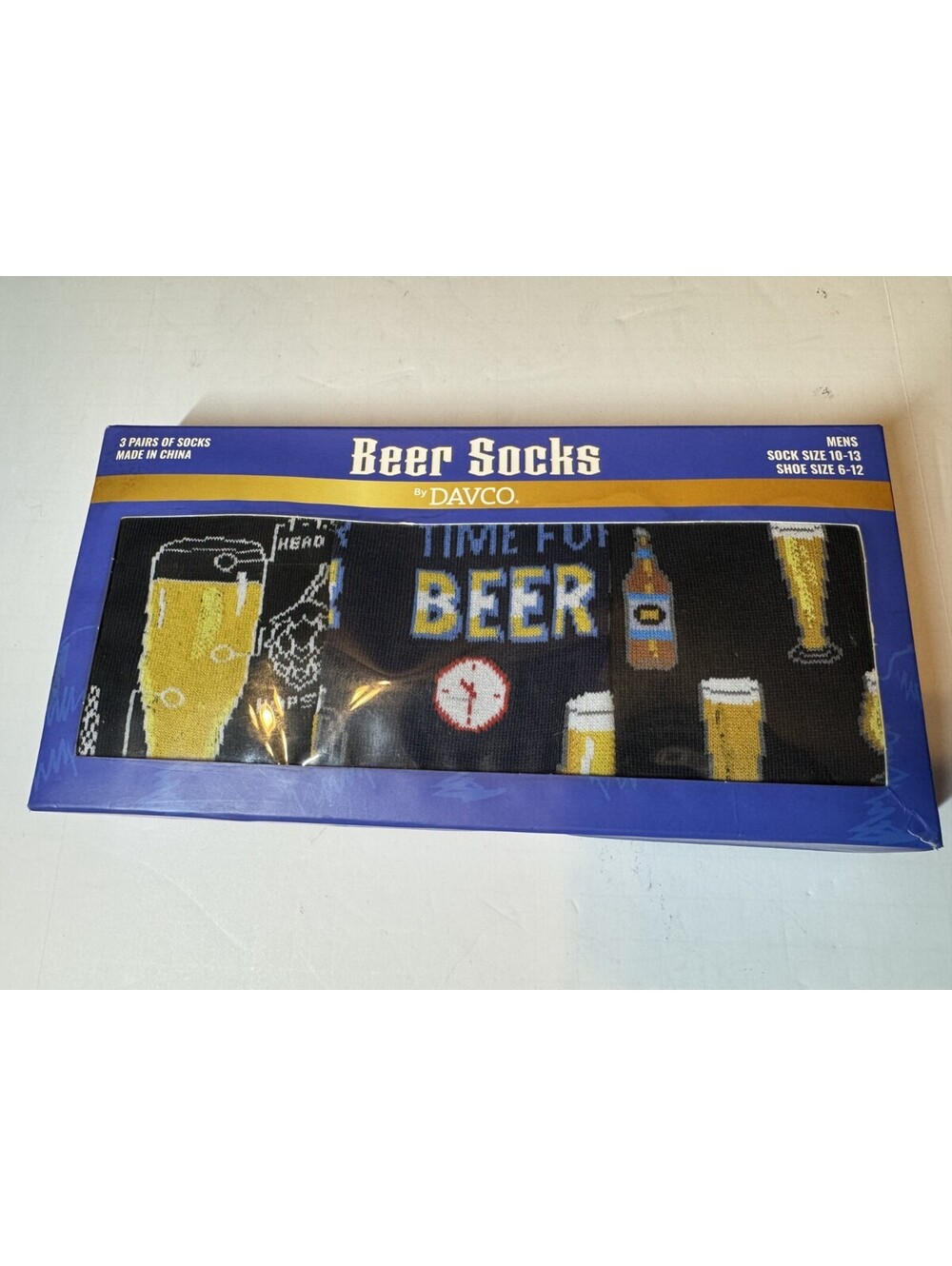 3pr Mens Novelty Beer Time Dress Socks 6-12 Crew Black Davco Damaged Box